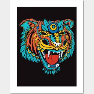 Huichol Aztec Tiger Head Posters and Art